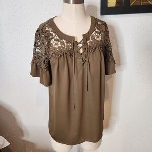 Olive Green Flutter Sleeve Blouse with Tie Front and Embellishments Size S